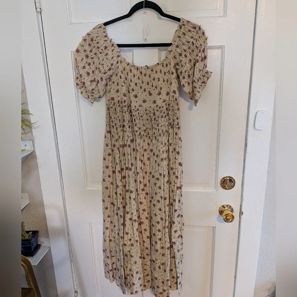 Free People Bali Juniper Smocked Boho Maxi Dress Floral Puff Sleeve - Picture 6 of 6